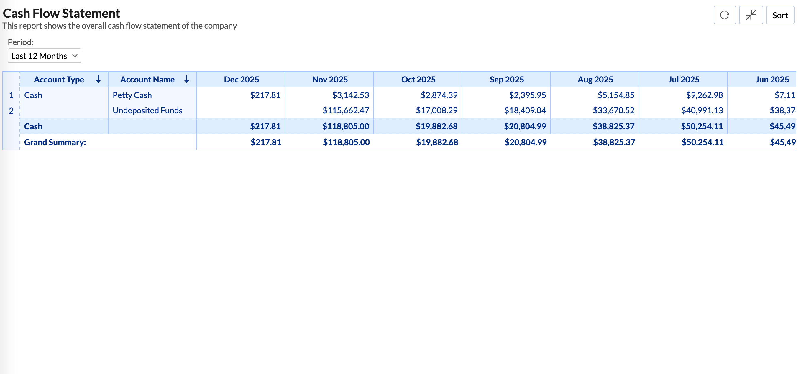 Zoho Analytics cashflow statement showing key business metrics