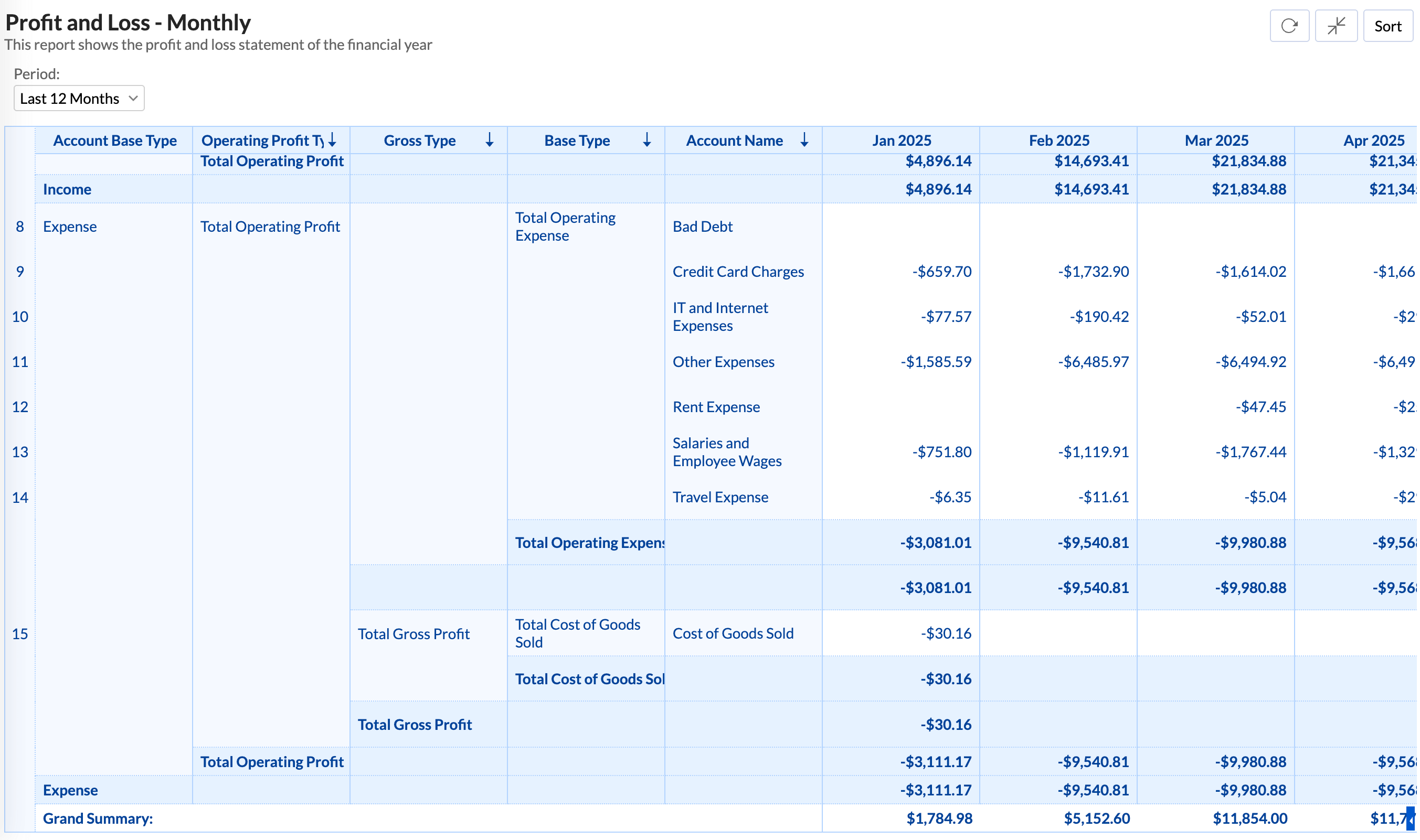 Zoho Analytics profit and loss statement showing key business metrics