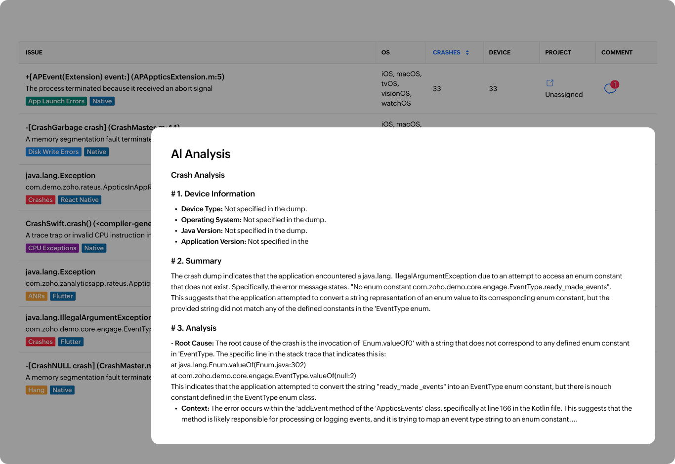 Crash details and stack trace