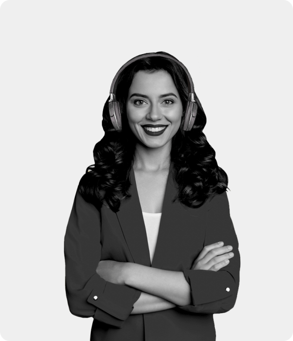 Smiling woman with headphones, arms crossed, and a chat notification on the side.