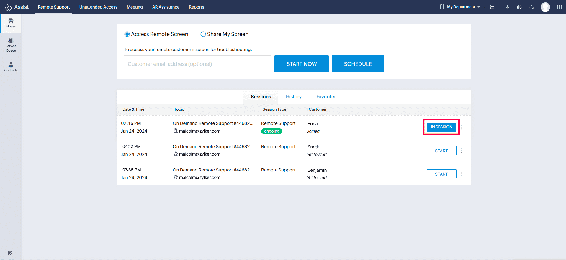 Internal technician in-session example