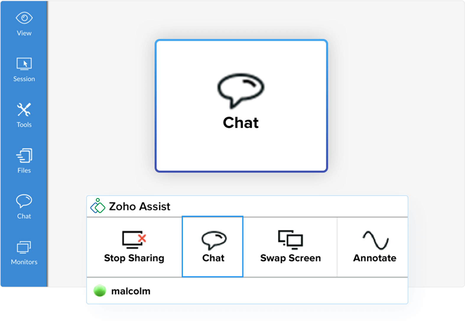 Chat instantâneo na área de trabalho remota do Mac - TÍTULO do Zoho Assist: Chat instantâneo na área de trabalho remota do Mac 