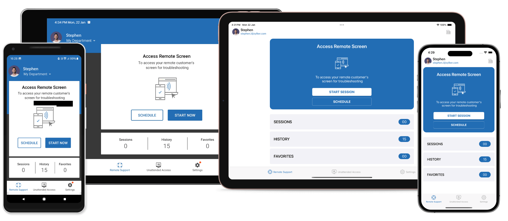 Zoho Assist remote support interface displayed across multiple devices including smartphones and tablets.