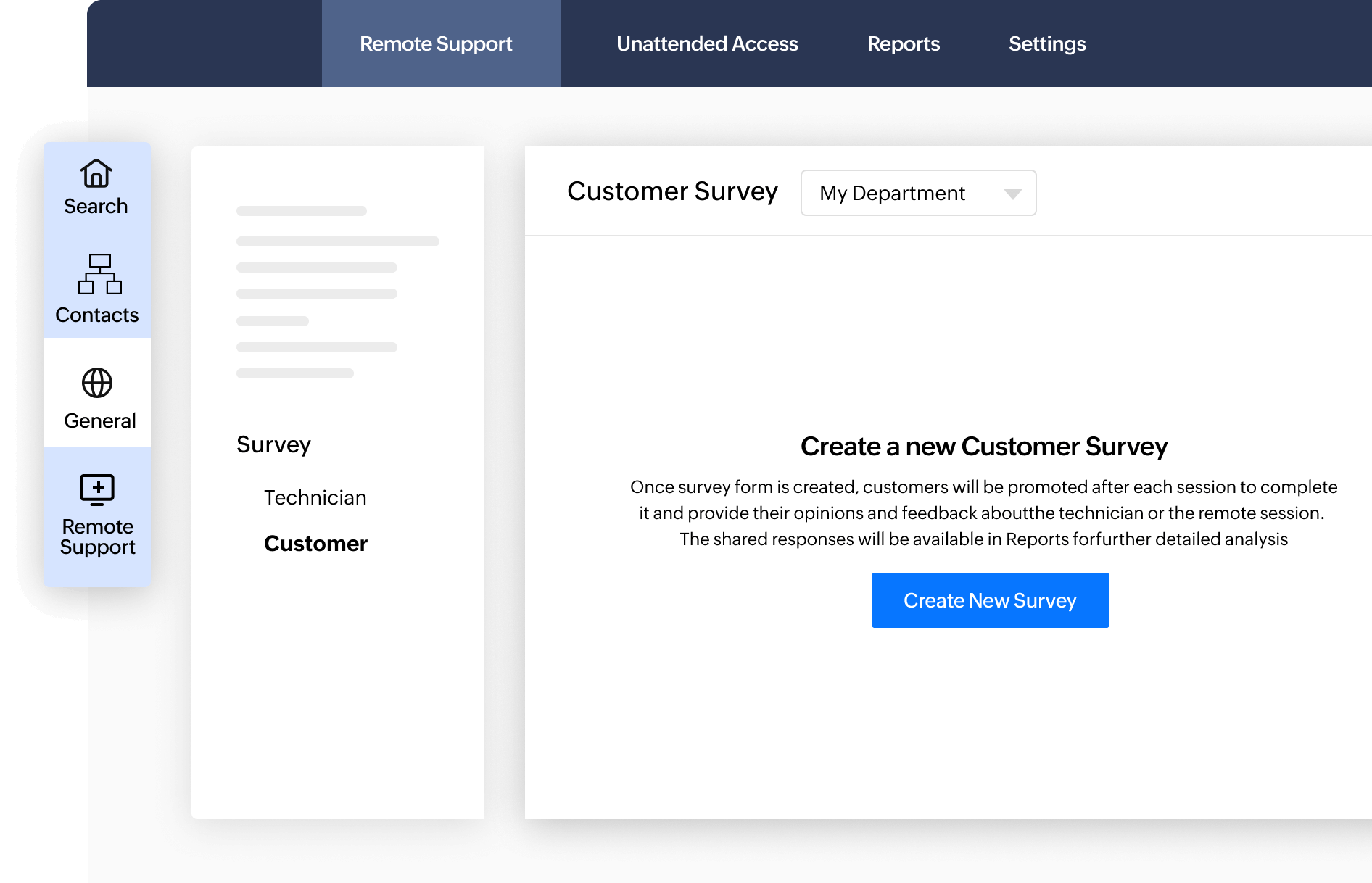 Remote support dashboard with options to access or share screens, a customer session history table, and a vertical navigation menu with Home, Contacts, and Service Queue icons.