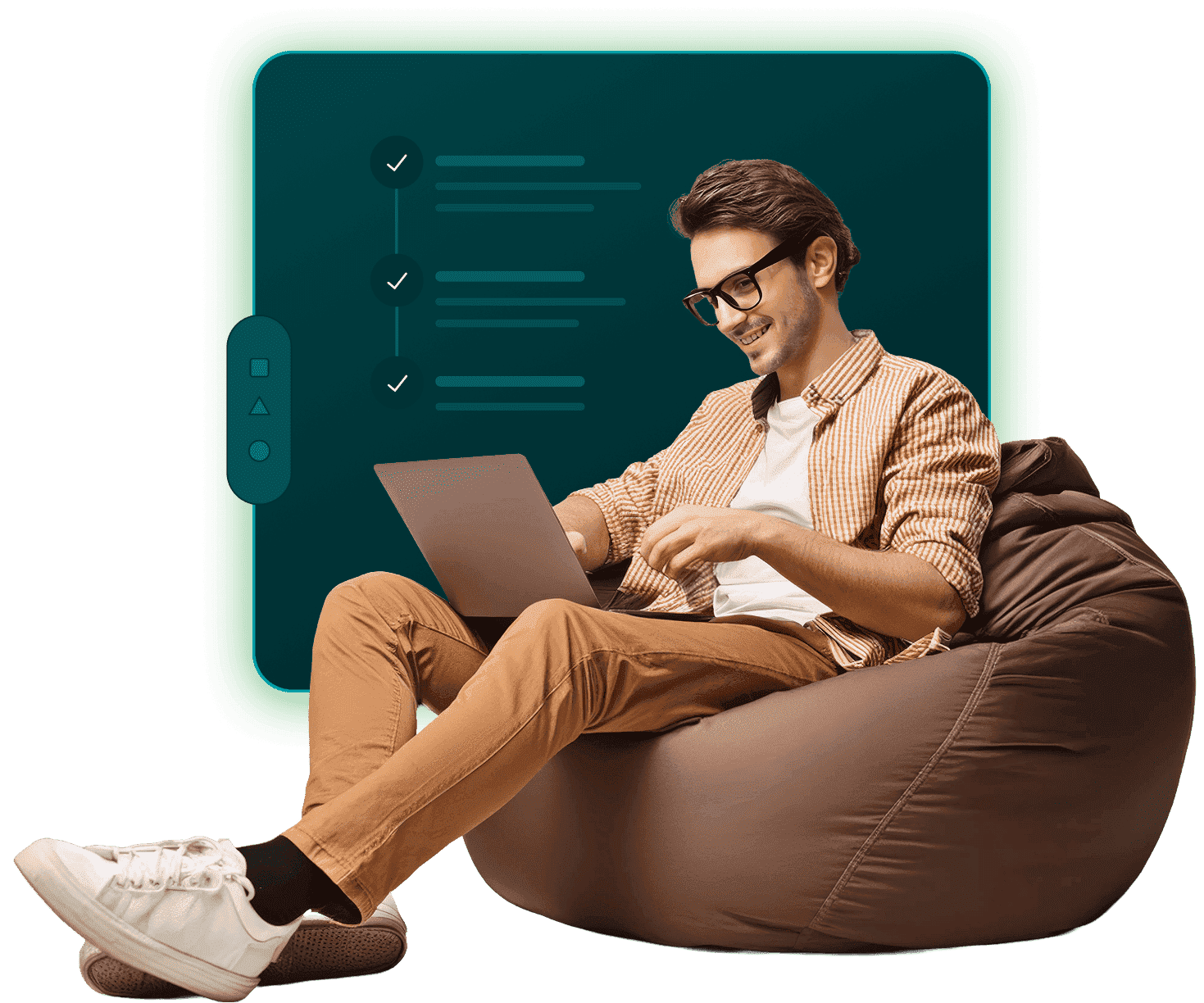A technician working on a laptop from a bean bag chair