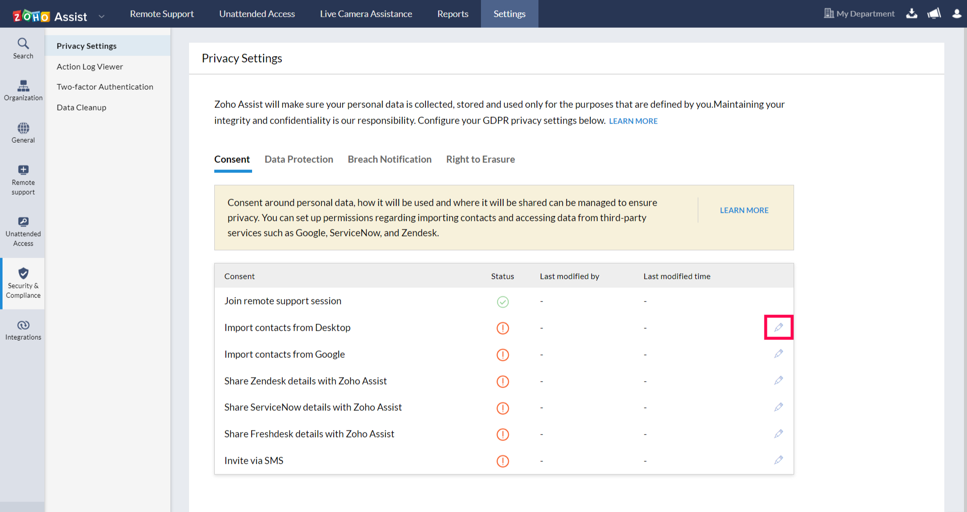 Edit Consent Settings