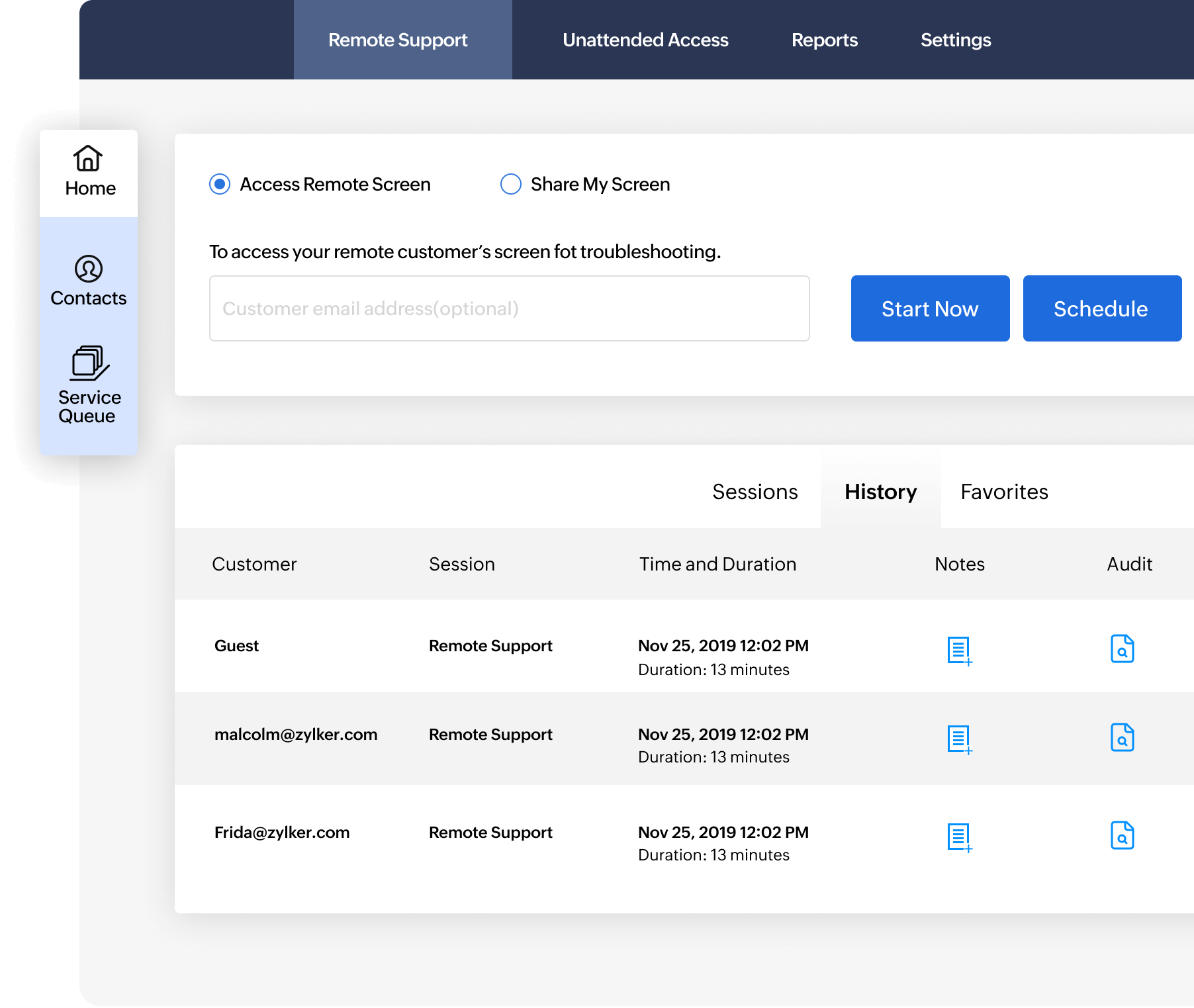 Remote support dashboard with options to access or share screens, a customer session history table, and a vertical navigation menu with Home, Contacts, and Service Queue icons.