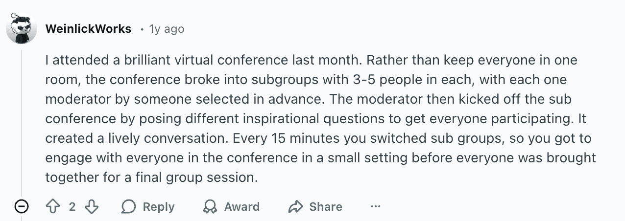 Why attendees love virtual breakout rooms; from Reddit
