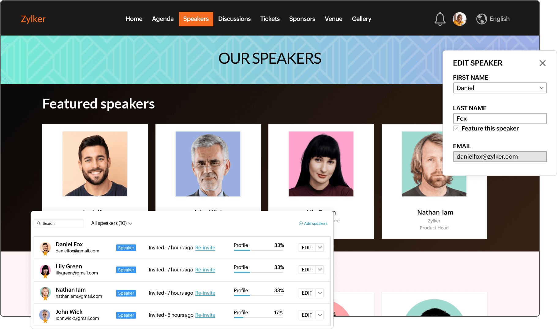 Event management platform displaying speakers on event website