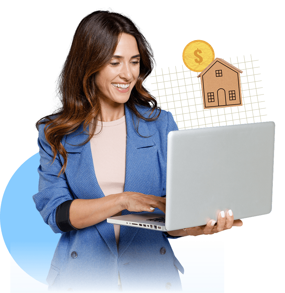 Financial services professional working on a laptop, with a coin and a house alongside