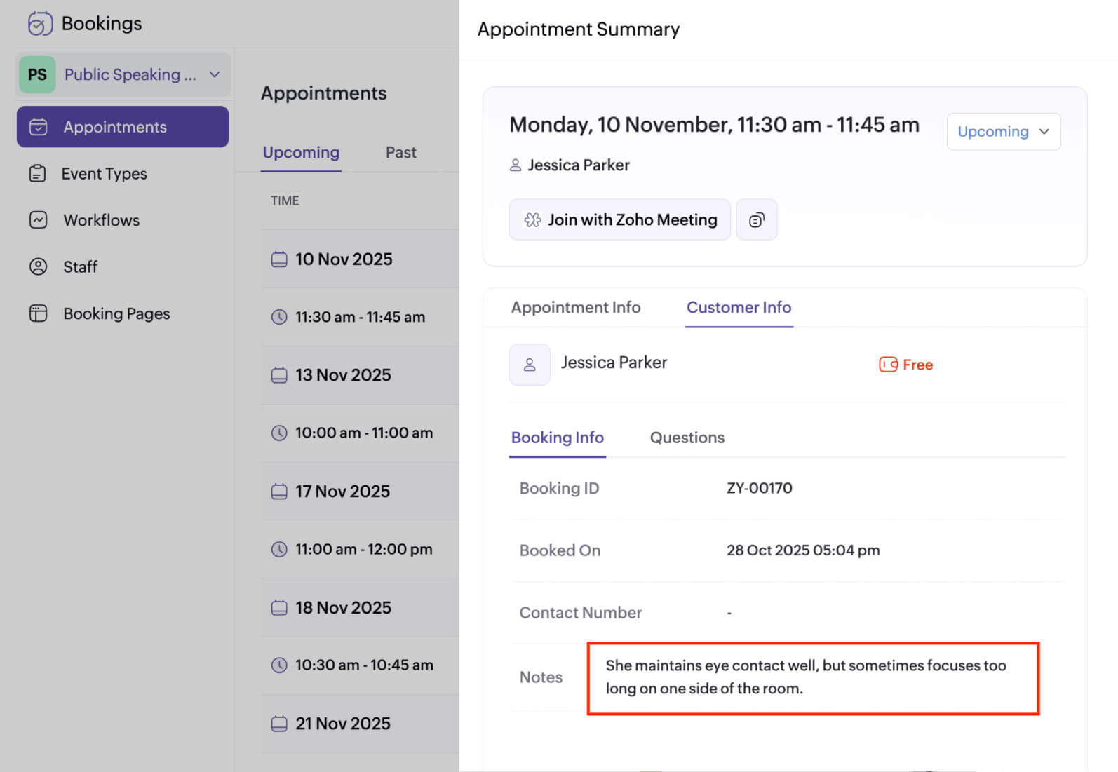 Zoho Bookings appointment notes