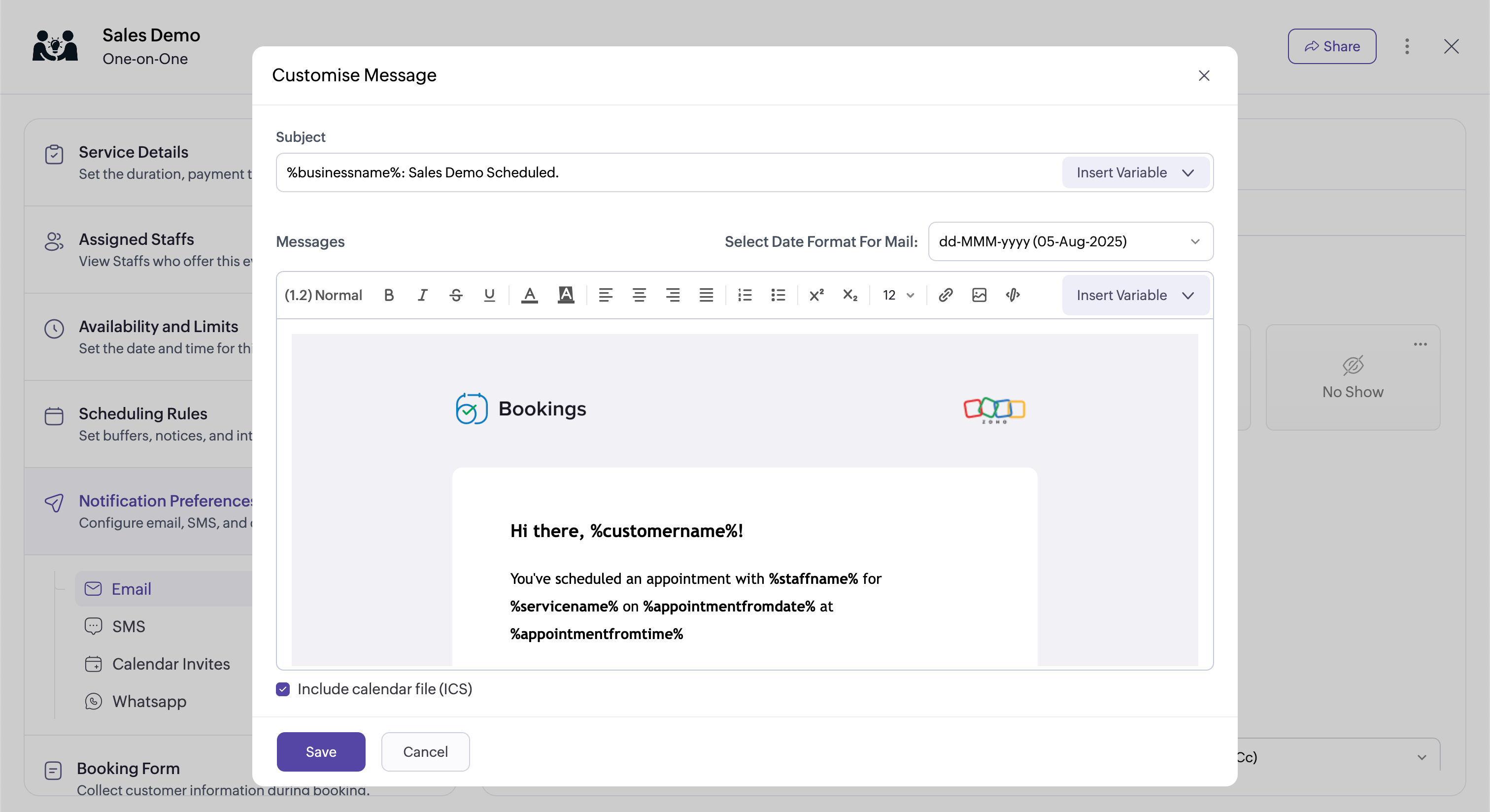 Send email, SMS, or WhatsApp notifications for booked demos