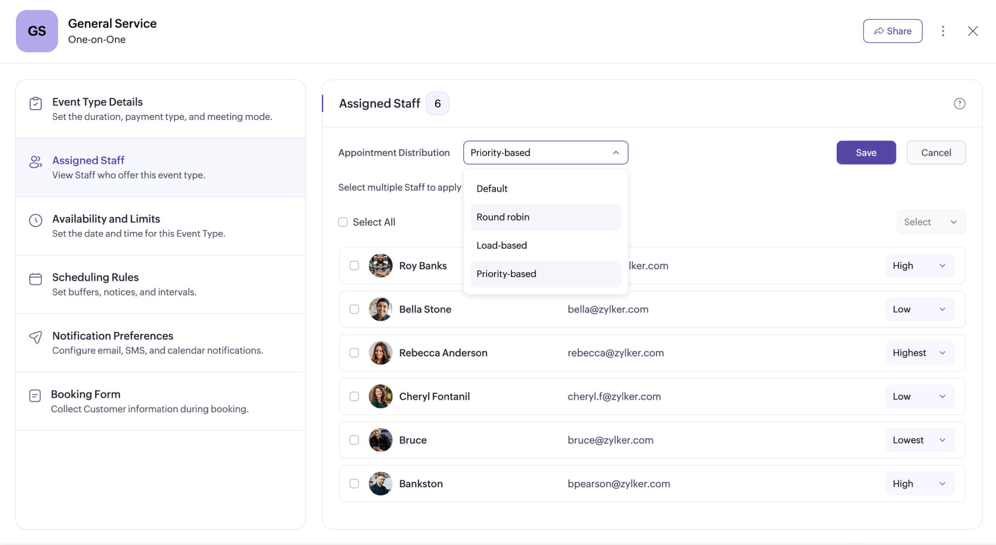 Round robin appointment distribution in Zoho Bookings