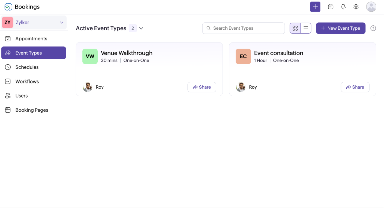 Event types dashboard