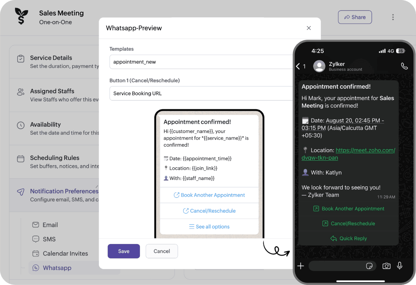 Notify candidates via WhatsApp notification WhatsApp notification in Zoho Bookings