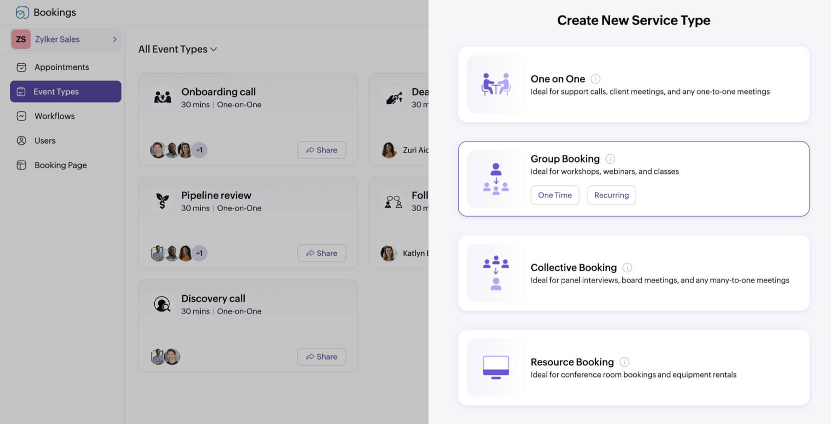 Event types in Zoho Bookings Zoho Bookings event types