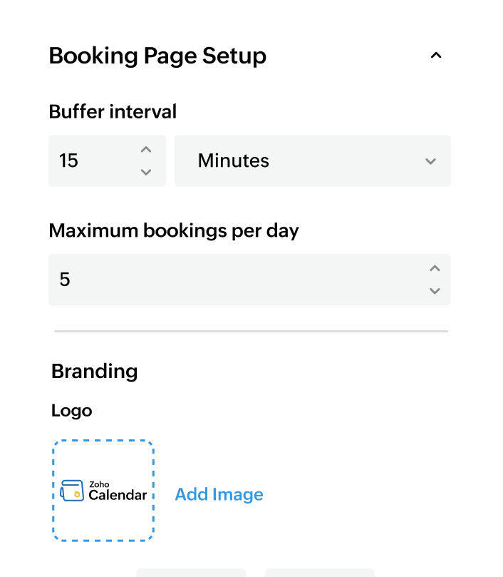 Booking page editor with options for duration, buffer intervals, and custom settings.