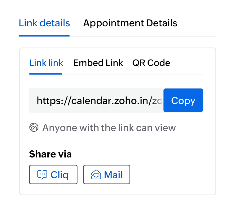 Sharing menu with options to send booking links via Zoho Cliq or Zoho Mail.