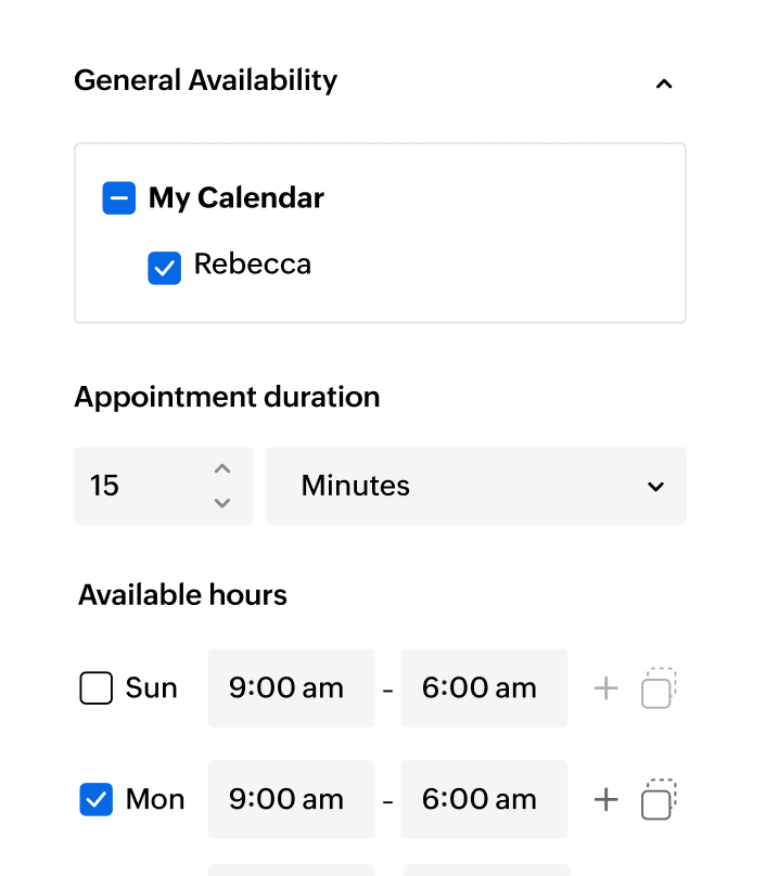 Availability calendar for setting recurring work days and specific time slots.