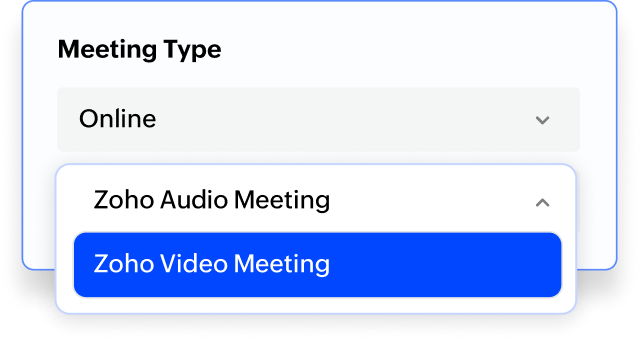 Zoho Meeting integration enabled for automatic video conference link generation.