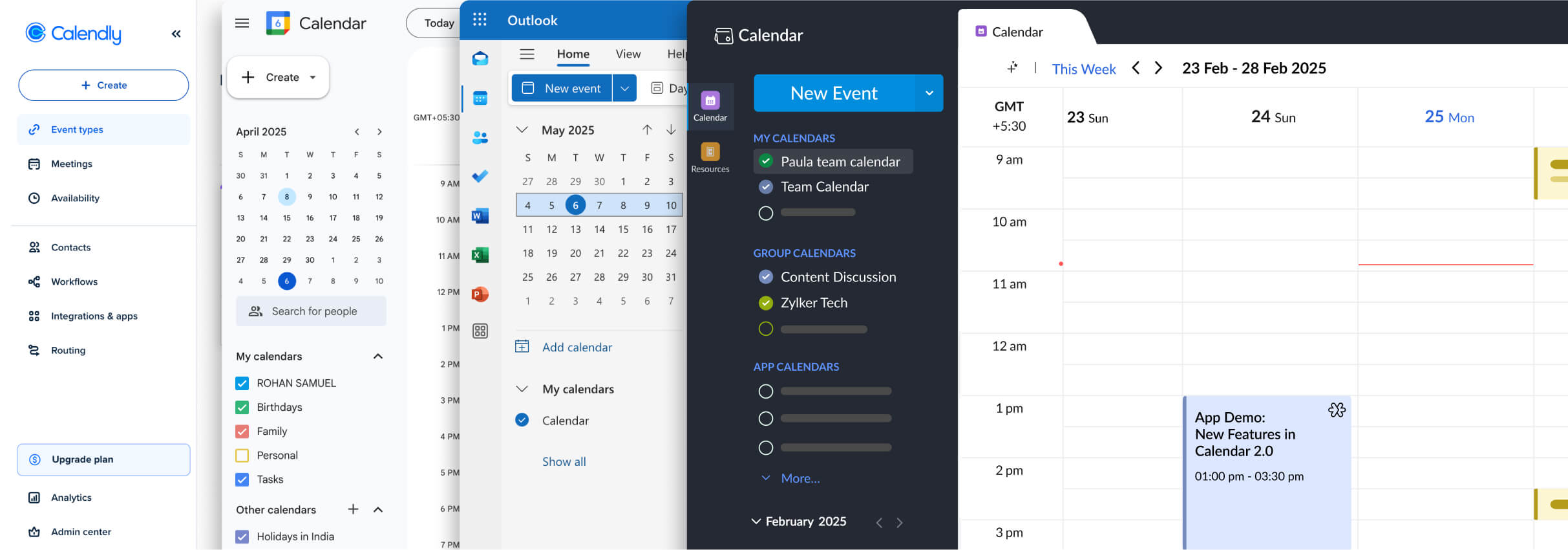 Visual representation of Calendly, Google Calendar, Microsoft Outlook, and Zoho Calendar highlighting their user interfaces.
