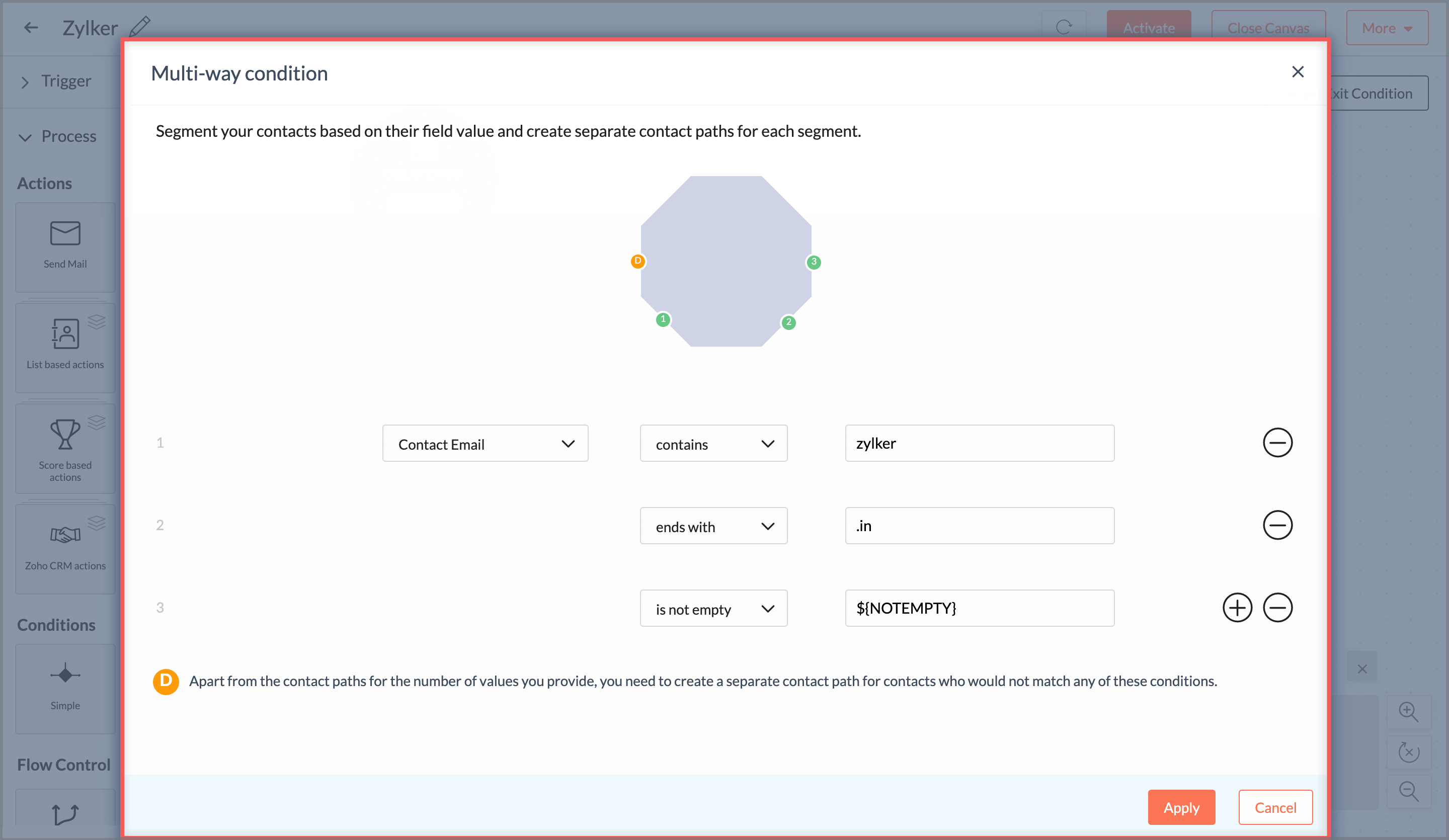 How can I achieve the three-way condition action in workflows?