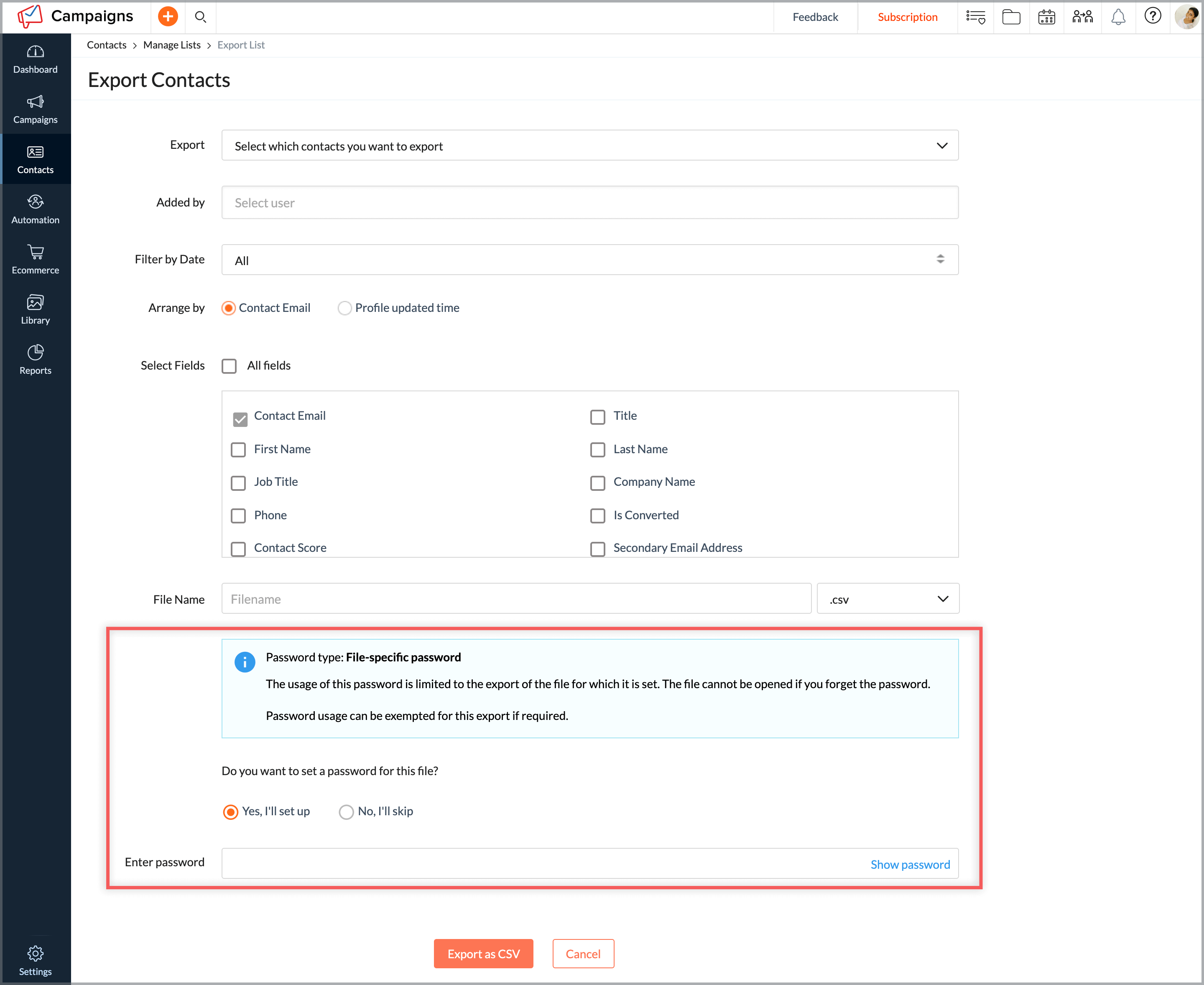 Where should I set password if I have to export files?