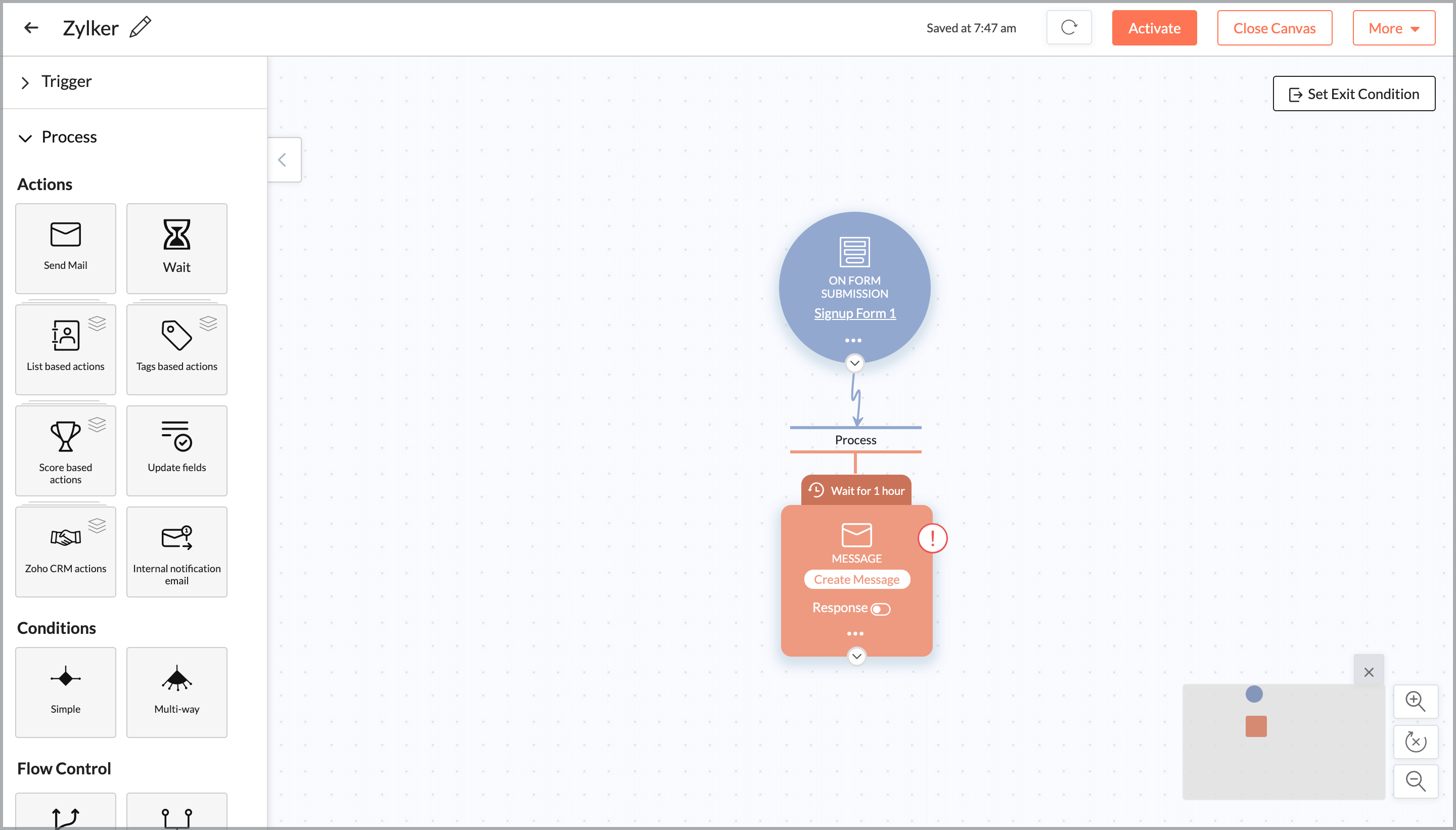 Drag the Send Email action onto the canvas and click Create Message to create an email message