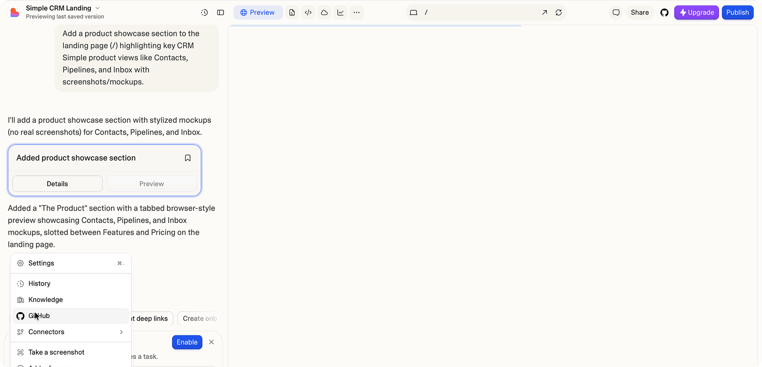 GitHub option in Lovable's bottom left menu