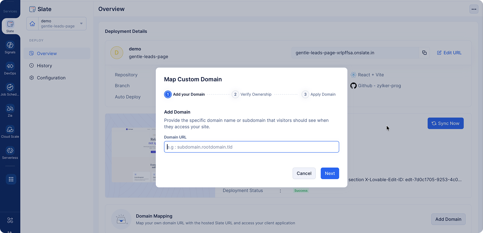 Domain verification screen in Catalyst Slate
