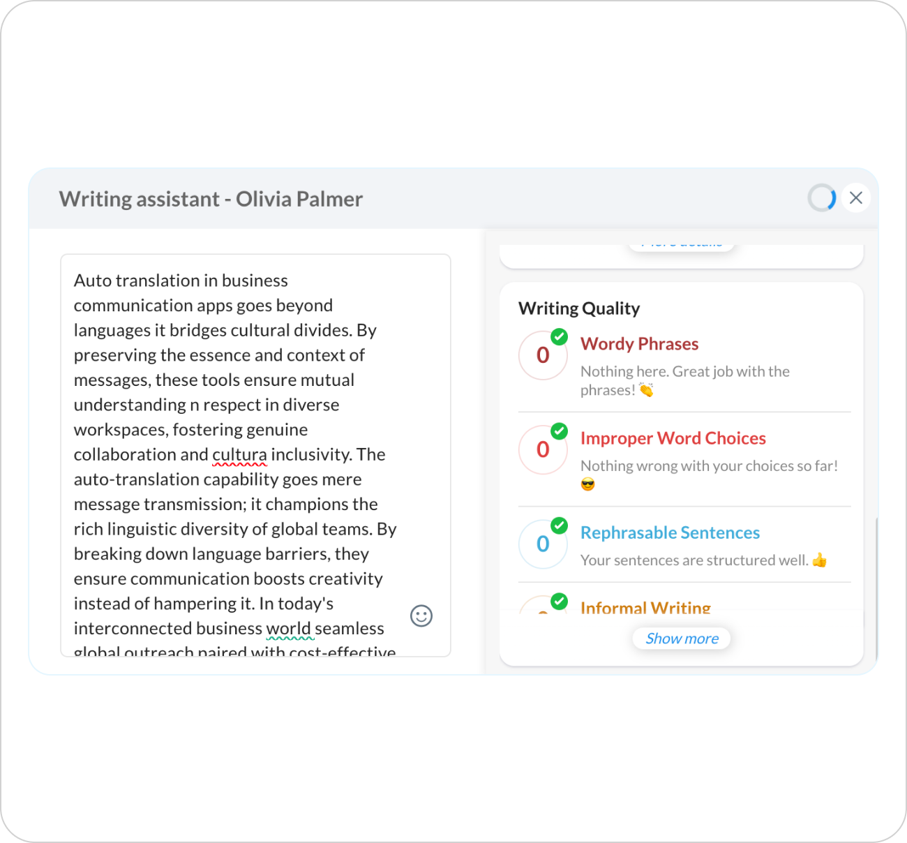 Writing Assistant Interface