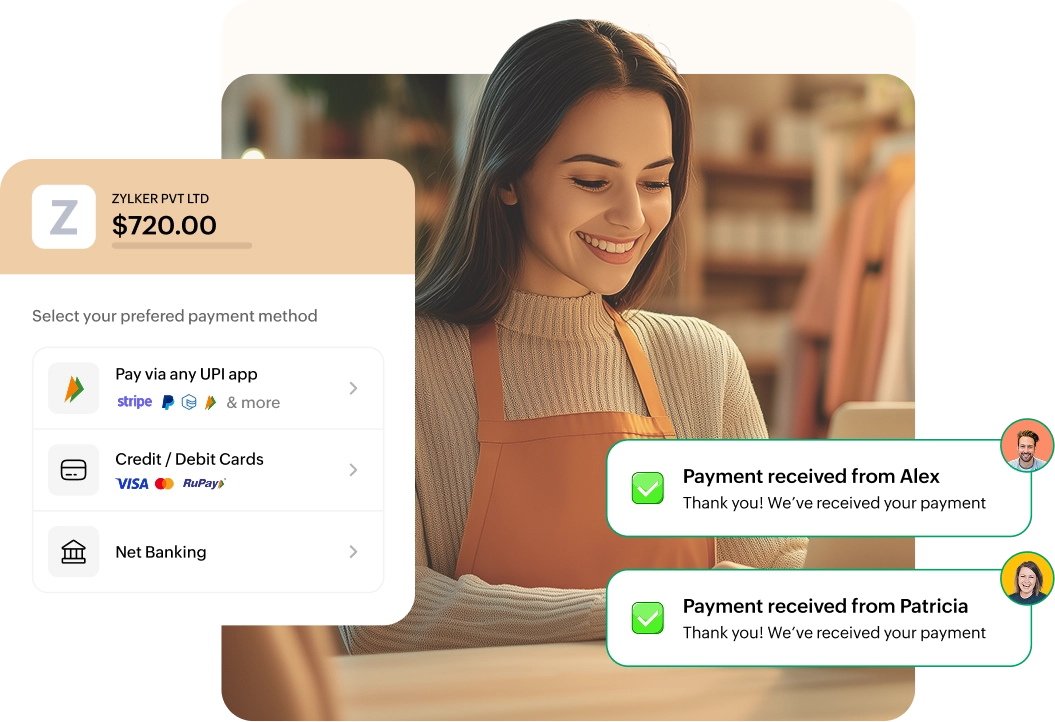 Payment interface showing options (UPI, cards, net banking) and payment received notifications, with a smiling cashier in the background.