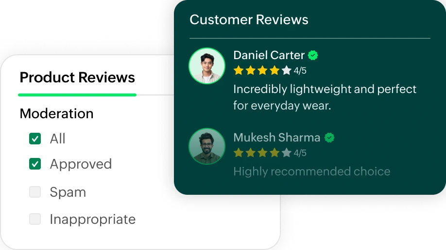Product reviews list with bulk moderation actions and customer review cards