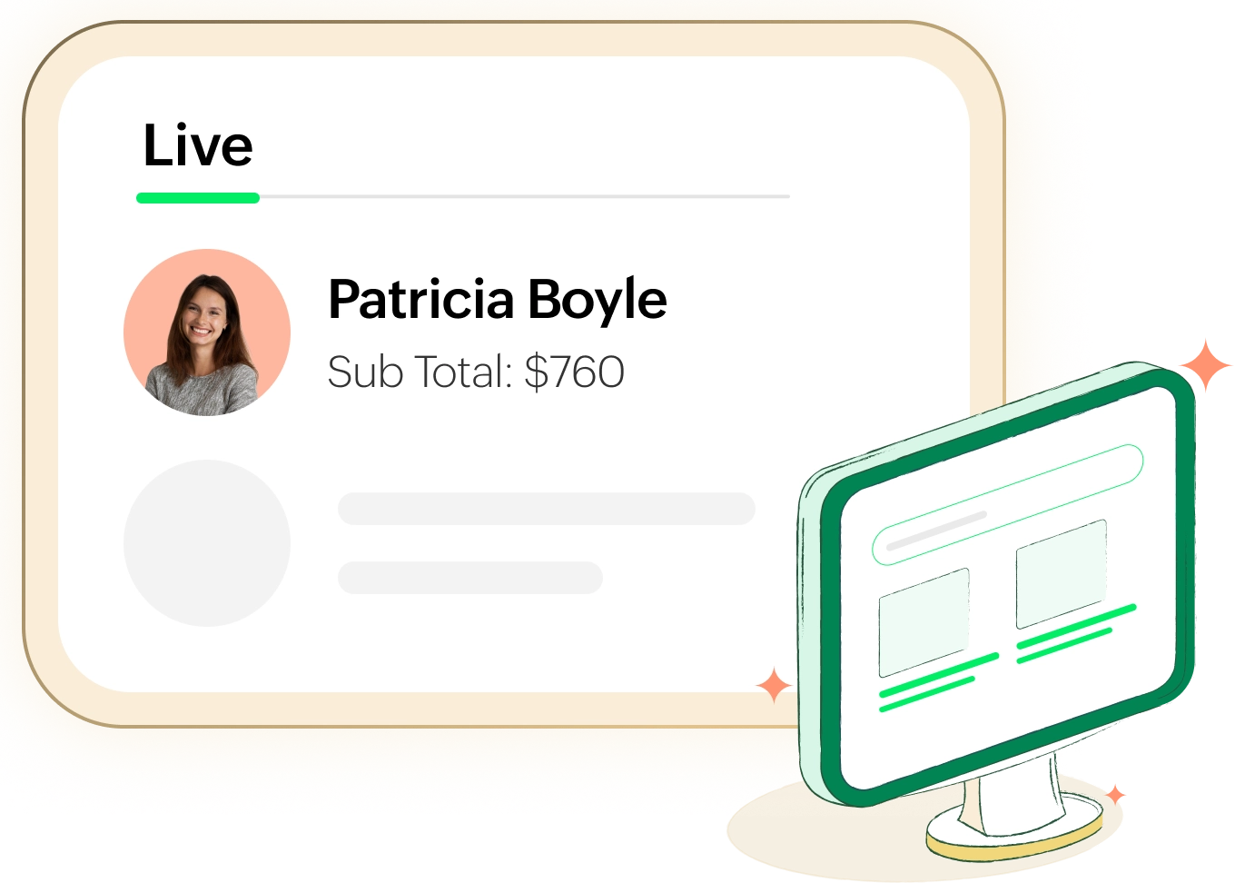 'Live' screen shows Patricia Boyle with a subtotal of $760, next to a monitor icon.