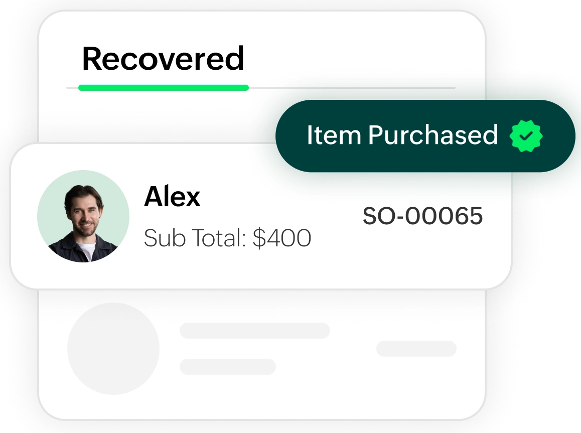 'Recovered' dashboard shows 'Alex' with '$400' subtotal, and an 'Item Purchased' notification.