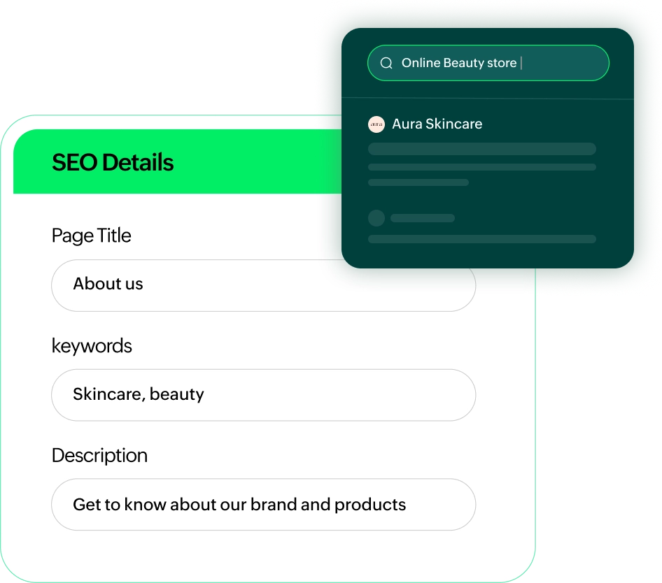 SEO metadata configuration panel showing title, keywords, and description fields for an online store.