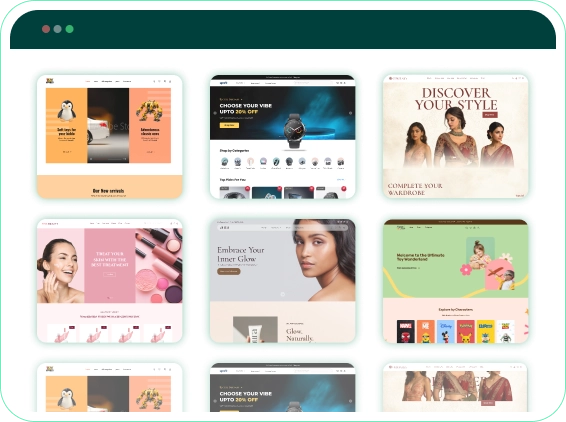 Gallery of modern Zoho Commerce website templates for online stores, including fashion, beauty, and toy themes.