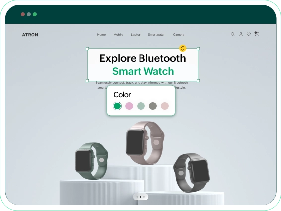 Visual website editor for customizing an ecommerce homepage with text and color options for a smartwatch product.