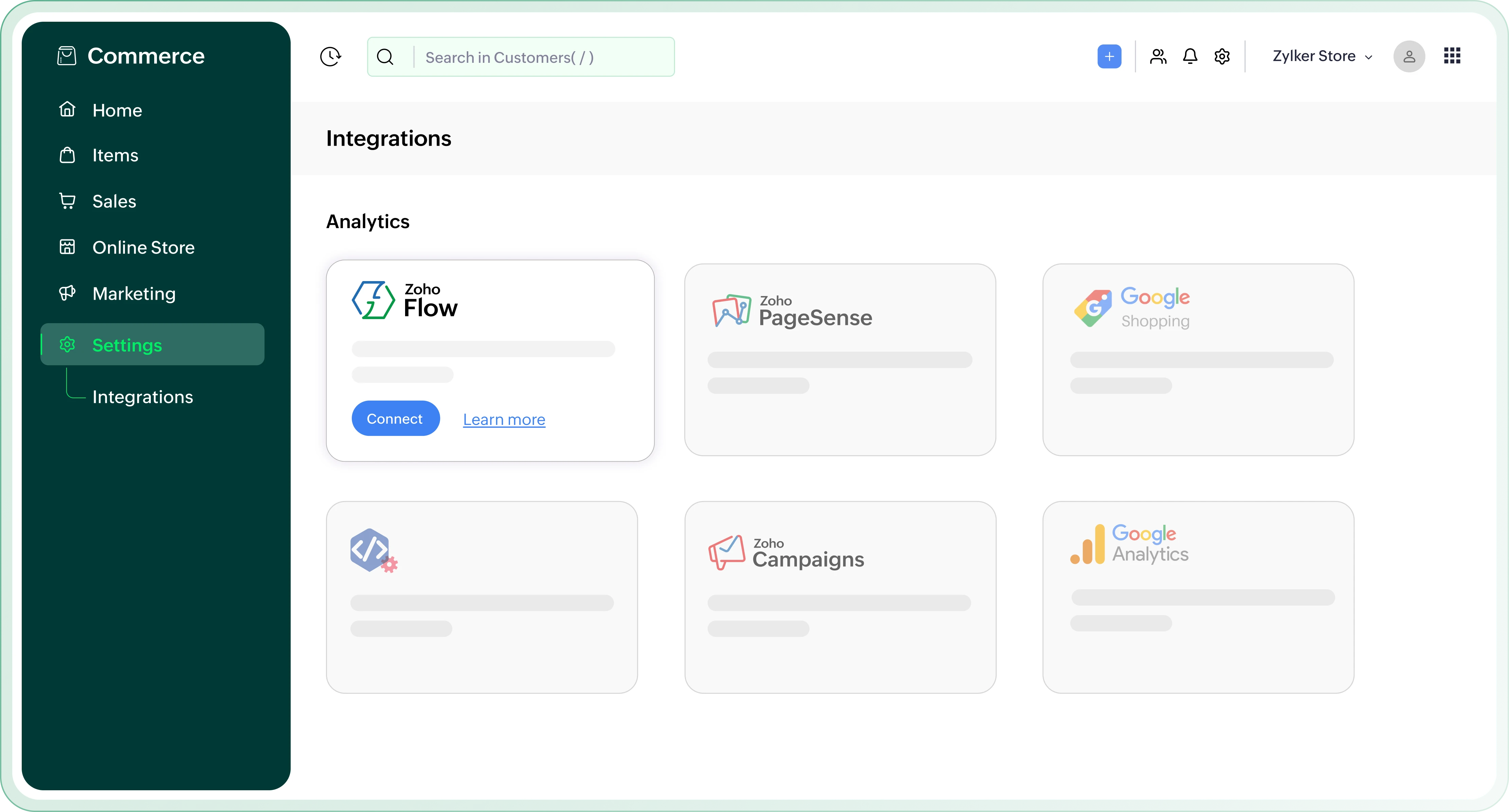 Zoho Commerce and Zoho Flow – Workflow automation dashboard
