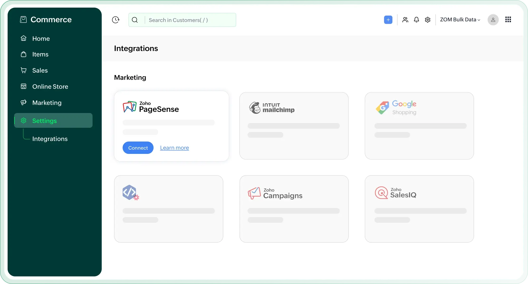 Zoho Commerce and Zoho PageSense integration dashboard