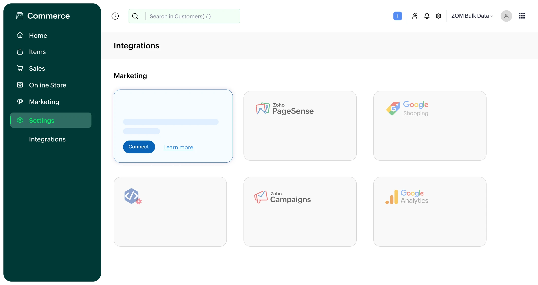 Zoho Commerce and Zoho CRM integration dashboard