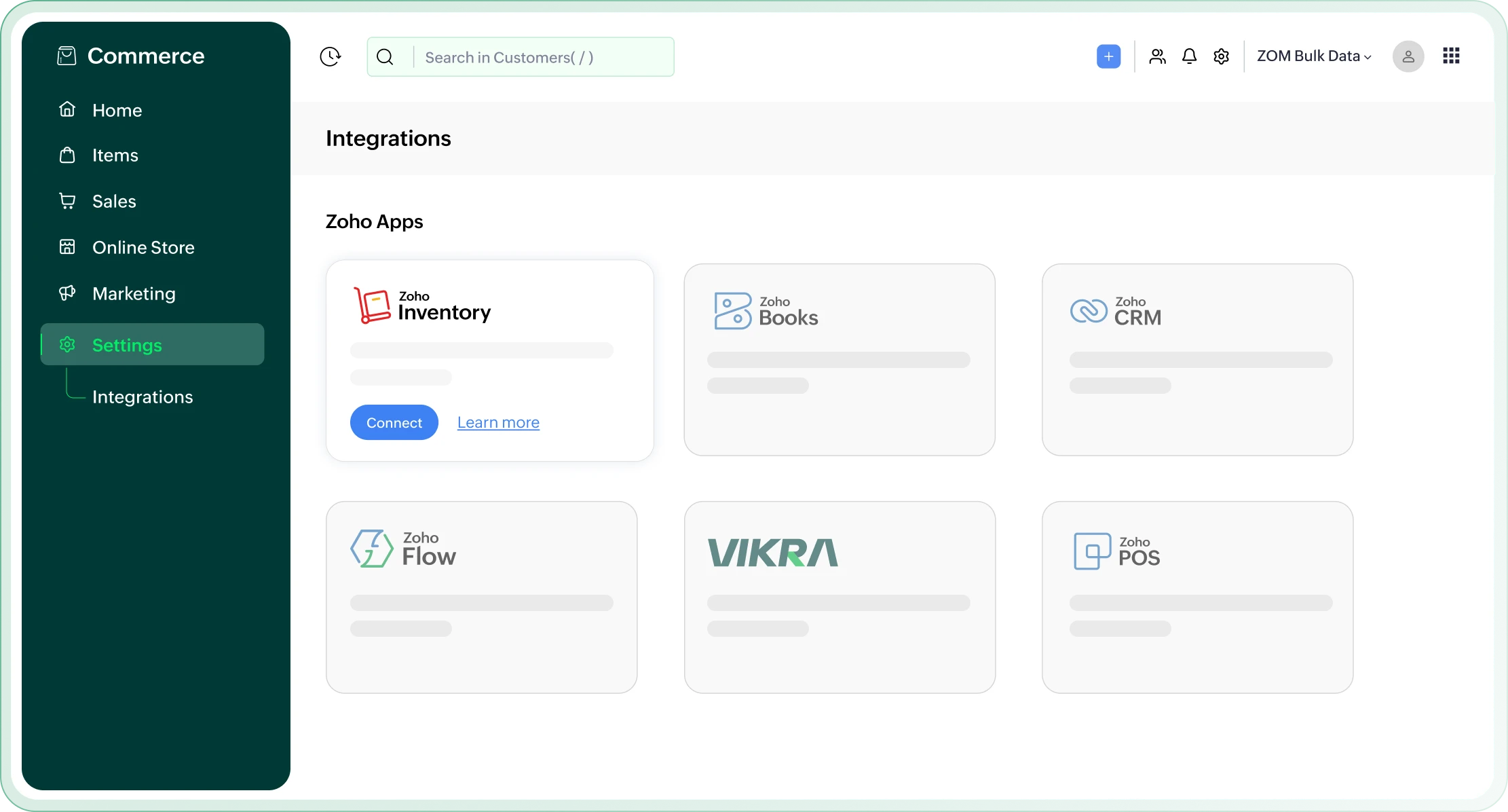 Zoho Commerce and Zoho Inventory integration dashboard
