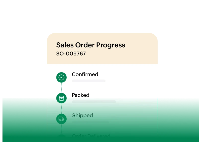 Sales order progress showing Confirmed, Packed, and Shipped states