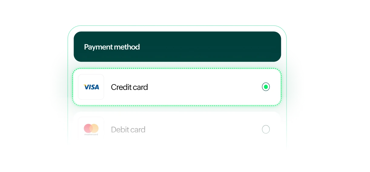 Payment method selection with credit and debit card options