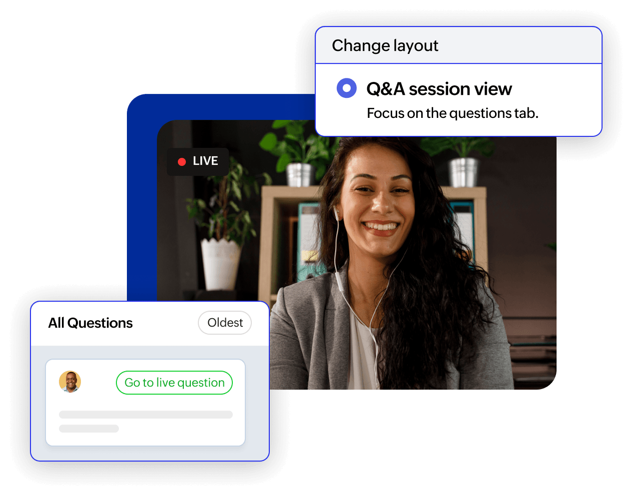 Live town hall session with layout selector and questions panel