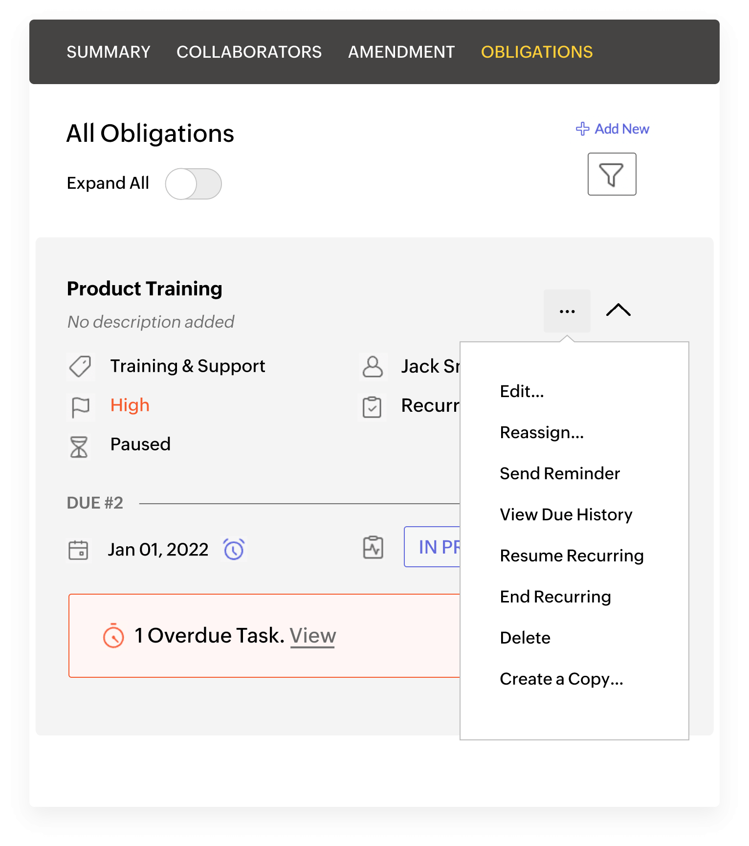 Contextual obligation management in Zoho Contracts