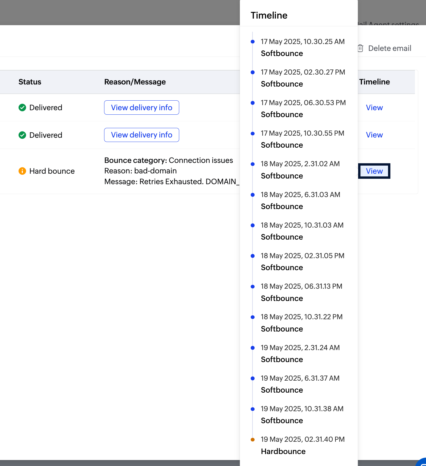 Timeline processed emails timeline screenshot