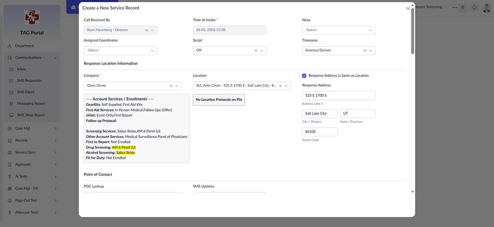 Dispatch and case management - Create a new service popup