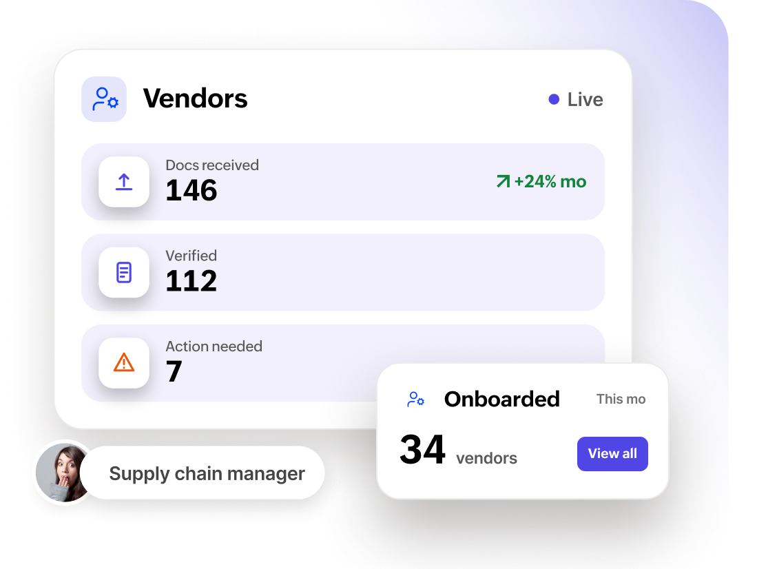 Vendor onboarding dashboard with documents received, verified, and action needed counts