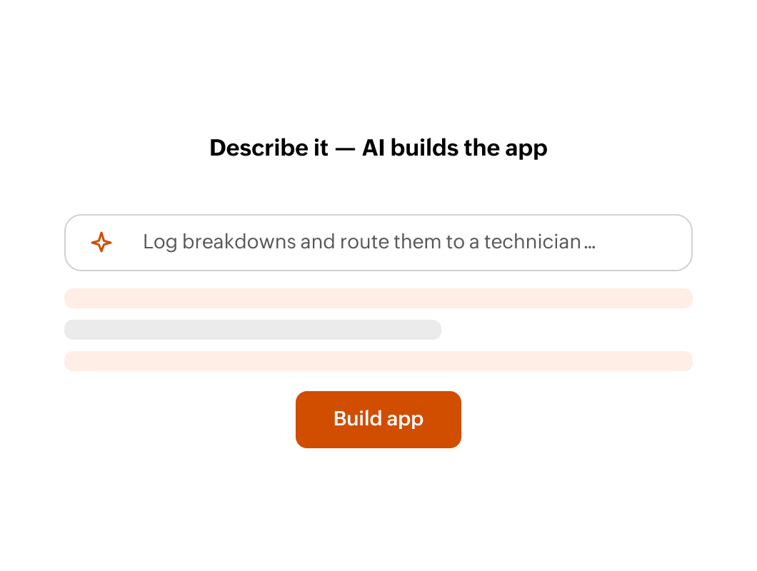 AI app builder panel with a prompt describing breakdown logging and a build app button